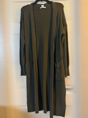 London Kaye Long Hooded Open Cardigan in Olive!